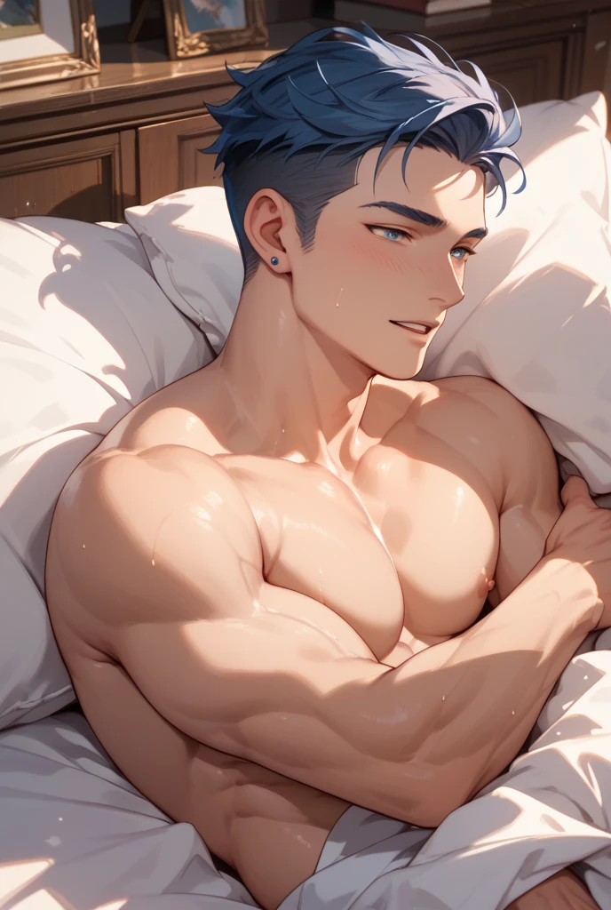 anime boyLying in bed，Holding a book and a mobile phone in his hand, Cool anime poses, Male Art, muscular!!, Anime handsome man, muscular!,anime boy, male anime character, a muscular, murata and artgerm series, Extremely detailed artger, Smooth anime CG art, Lying in bed, In the anime painter studio