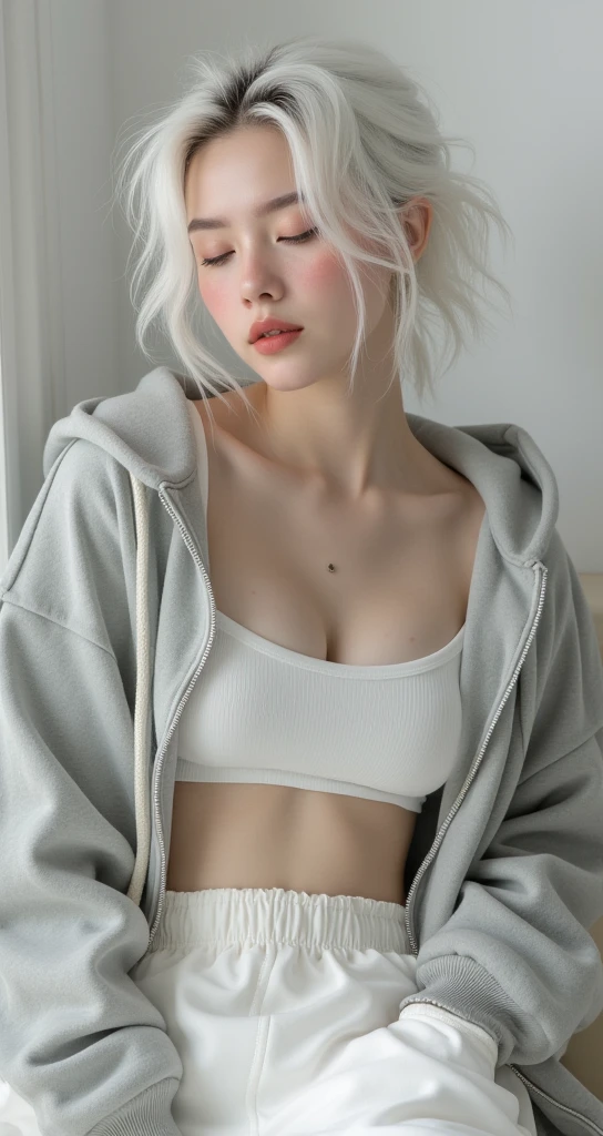 Beautiful woman with perfect figure:1.4,Ultra-high resolution,White background,(lifelike:1.4),Layered Hairstyle,White skin,Bikini:1.5,Super short pleated skirt,whole body,Very delicate face and skin texture,Double eyelids,Skin Whitening,short hair,White hair