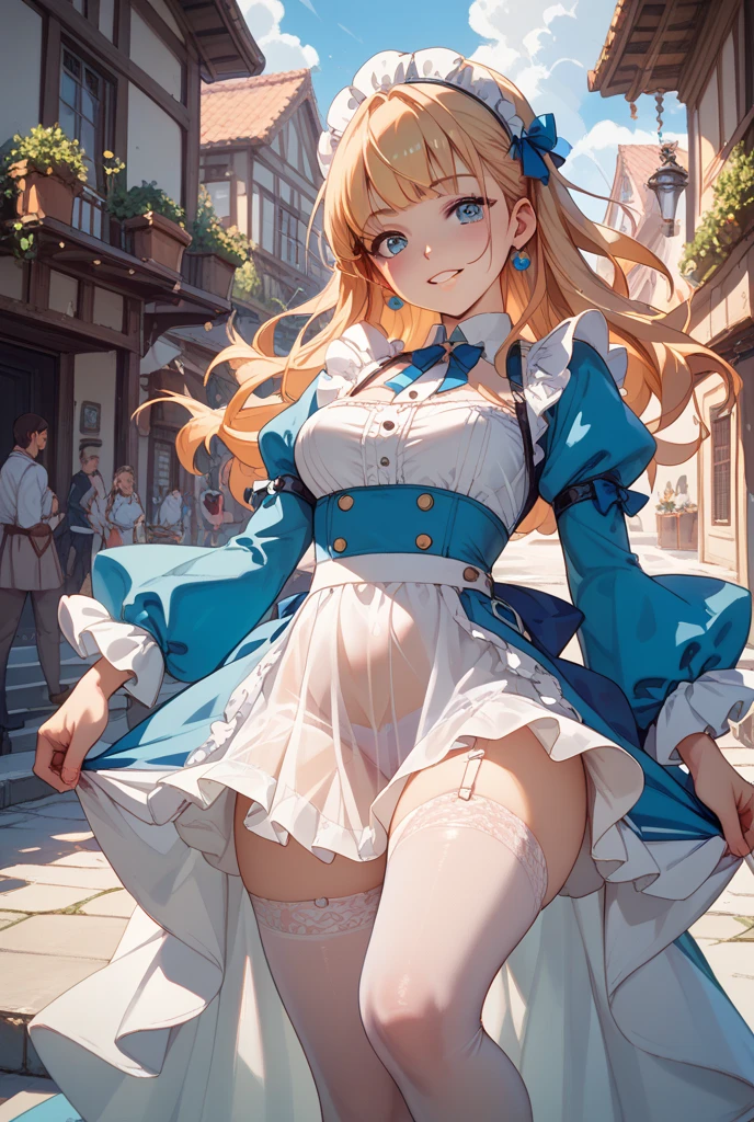 ultra detailed game CG, (High resolution:1.1),(absurderes:1.1), Best Quality, Ultra high definition, The highest resolution, Very detailed, Anime,  1girl in,  (Highkick:1.2), Blonde hair, Blue eyes, White blouses, (White panty:1.2), Blue Ribbon, corsets, broach, under the boobs, thighs thighs thighs thighs, Medieval European Streets, Wind