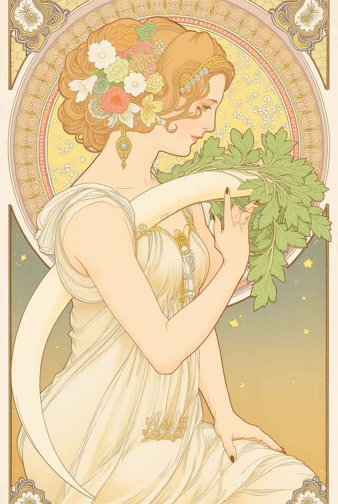 <lora:Alphonse Mucha Style:1>Alphonse Mucha Style - drawing of a girl in the style of an advertising poster by Alphonse Mucha, with an ornament of cannabis leaves