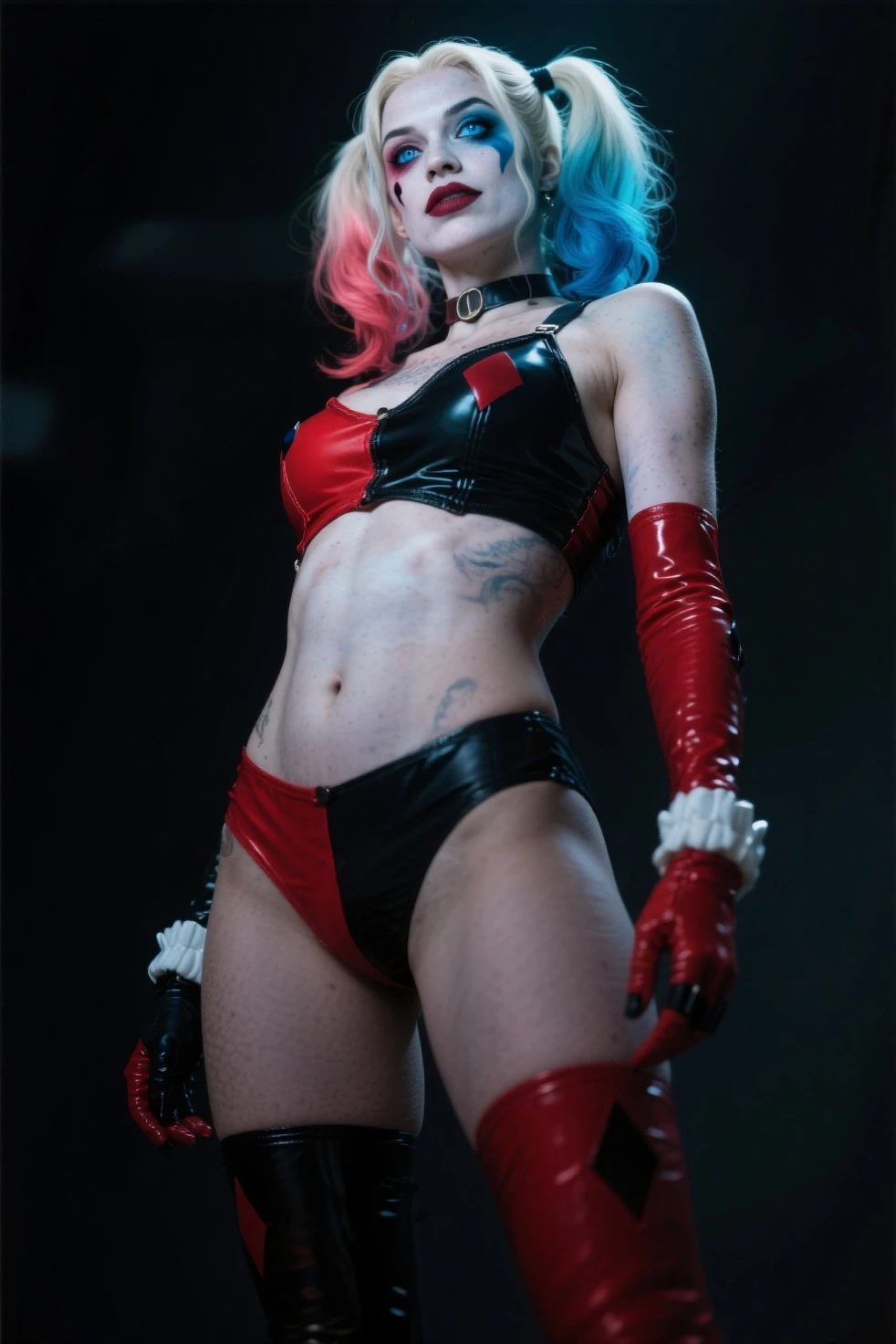 Harley Quinn in Suicide Squad, full body, soft lighting, dynamic angle, realistic lighting, photo by Robert Adams, (natural skin texture, hyperrealism, soft light, sharp: 1.2), (intricate details: 1.12), hdr masterpiece, best quality, (highly detailed photo: 1.1), 8k, photorealistic, (SFW)