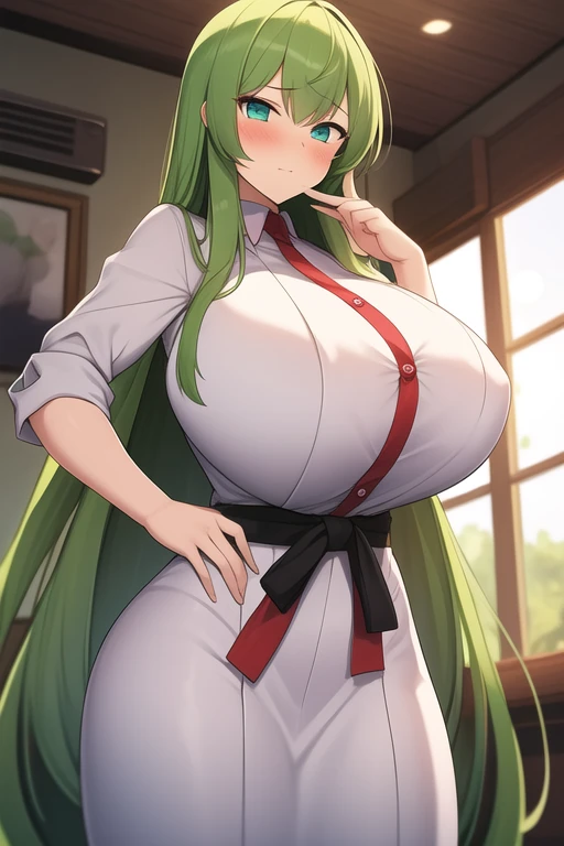 (shorts, white leggings and a long-sleeved red blouse), (voluptuous breasts, perfect waist breast), firm breasts, slim waist, curvy figure, sonia, green hair with voluminous pigtails,farm, shy smile, beautiful room, blue eyes