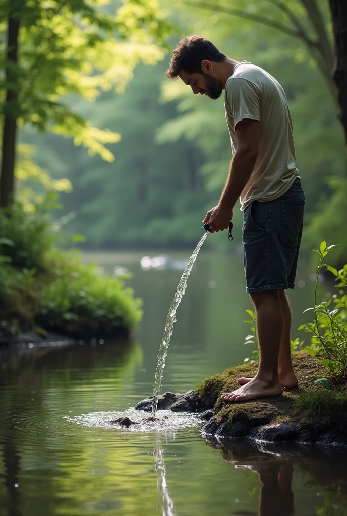 Thirsty man in front of a stream of water