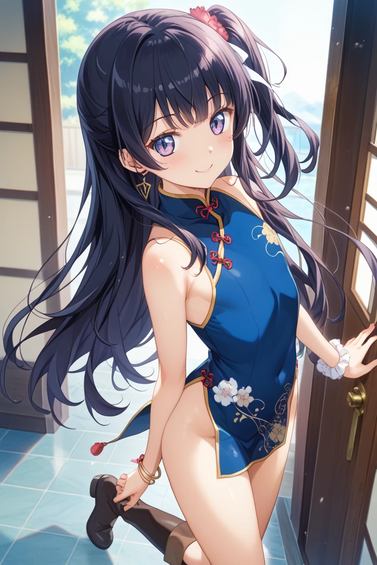 (highest quality, High resolution, perfect pixel, Depth of the bounds written, 4k, beautiful anime girl),  
looking at the viewer, 
perfect body,  

yukinoshita yukino, dark hair, long hair, 

(blush all over the face, embarrassing:1.2), 

casino, 
(oekakizuki china dress), white china dress, 
from below, 