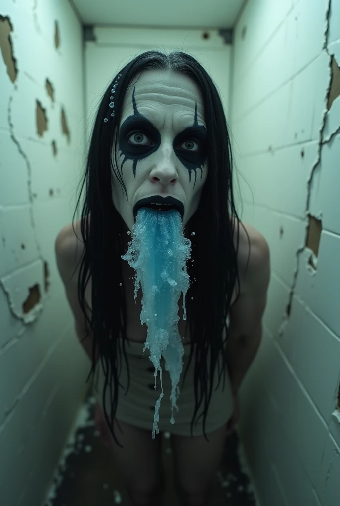 a creepy Jeff the killer bathing in a tub, highly detailed, dark and sinister atmosphere, grungy bathroom, dramatic shadows, eerie lighting, disturbing, unsettling, horror, gritty, cinematic, masterpiece, 8k, hyper-realistic, chiaroscuro, moody, angry expression on his face, his hands on his chest