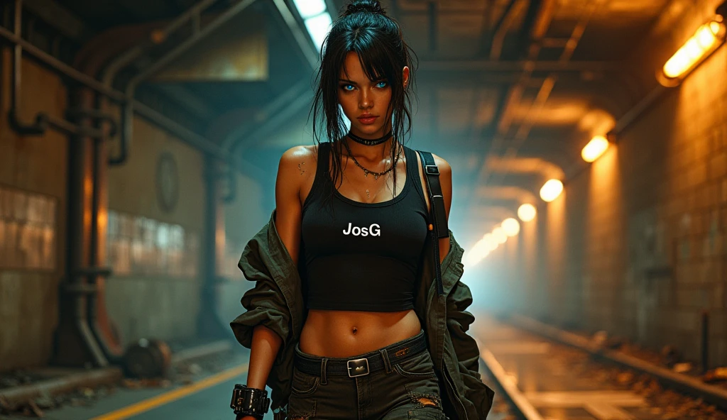 Beautiful girl small breasts, wearing rugged jacket, long hair, machine arms in cyberpunk night scene, cyberpunk red green backdrop
