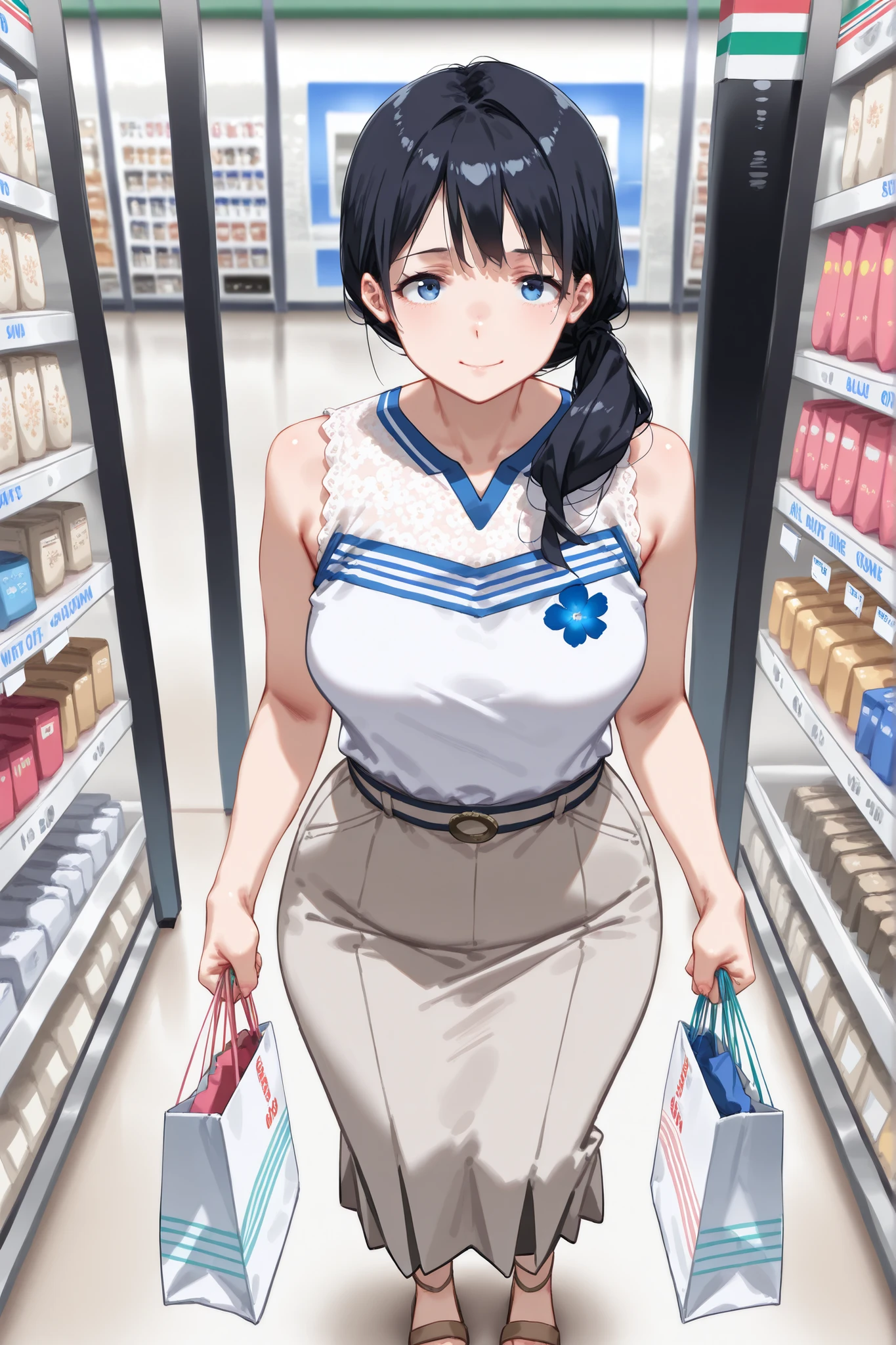 ((best image quality，highest quality，T Masterpiece))、1 girl 1 person、(very big breasts:1.45)、Korean idol types、Beautiful woman、(Inside the warehouse:1.4)、((Girl inside while taking off panties:1.5))、(impatient face:1.5)、(leaning forward)、(pulling panties down:1.6)、curly hair、genuine、detailed body、(black hair:1.2)、blue inner hair、(Off-the-shoulder sweater dresses:1.55)、mini skirt、(Ruffled panties:1.3)、cleavage、very sweaty、blush、whole body、thin waist、choker、earrings