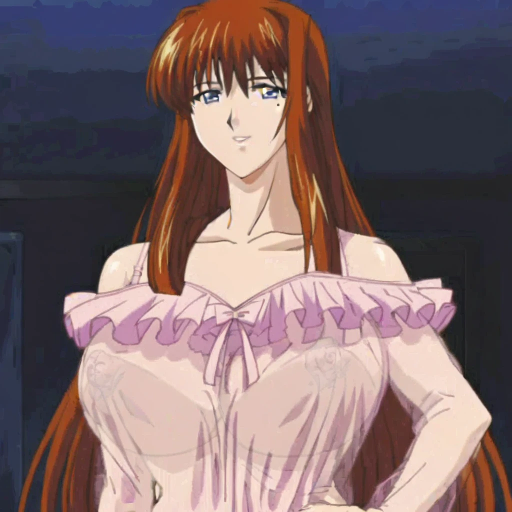 want to kissing, standing pose, very tempting pose, wedding accesoris on her head, wedding dress, church background, mei terumi, solo, takeda hiromitsu style, anime cels style, best quality, high resolution, (huge breasts:1.3), cowboy shot, blush, pouting, slim body, long hair, brown hair, green eyes, ((hair over one eye)), closed eyelids, pink lipstick