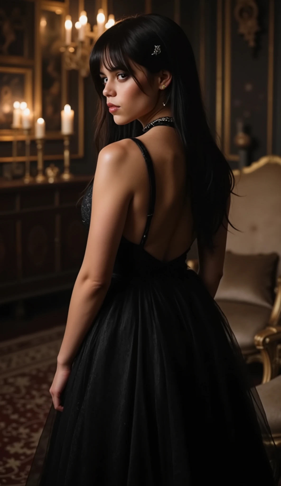 (raw photo) (ultra realistic photography is a masterpiece) (ultra nsfw), A fascinatingly beautiful pale white Asian woman with a thin 176 cm figure and small natural 34B breasts, , her figure is elegantly accentuated by an ultra-revealing gothic lace dress. wavy long hair, black, like side lighting, that surrounds her,ethereal silhouette. dress, } a masterful combination of soft color tones and extreme complexity, , sticks to her body, Hands with gloves , revealing the intricate embroidery, room that whispers long-forgotten secrets. , the silver collar hugs her neck, Silver jewelry, x} while an elaborate headdress crowns her, casting subtle shadows on her pale face. a masterpiece of Gothic architecture room, candles,Night. an eerie atmosphere fills the space, candlesticks,dark red mahogany furniture. She is standing in the center , that are hidden under lace gloves, reaching her elbows. Her leather boots contrast sharply with the airy fabric of her dress, grounding her in a world, where the macabric meets the romantic. the feather cut in the center of the cloak flutters spectacularly behind her, Caught in a candle in the wind, adding to the dramatic pose, that captures the essence of the gothic novel. depth of field is impeccable, with a sharp focus on her intense gaze, that pierces the shady the corners of the, inviting the viewer to enter this fascinatingly charming picture. The scene is made with ultra-realistic detail in 16k, showcasing Gothic grandeur and Victorian aesthetics with such clarity and precision, that you can almost feel the velvety texture of the black background. This is a portrait of a woman, pose that embodies the very essence of dark elegance, her every move is captured in a perfect, which speaks of whispering secrets and the eternal appeal. ((} An open dress with a back, bare buttocks and neckline)), Side and back photo, Chest tilted forward, shoulders, strongly bent back, helpless drug-induced face, eyes are closed, mouth groans in ecstasy, head looking up, (professional photo, Dramatic)