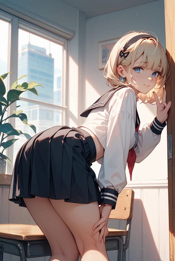 ((masterpiece)),(((Highest quality))),Thin thighs,An 25-year-old  girl ,White shirt,Blue and red plaid mini skirt:1.5,The best smile,Short-cut blonde:1.5,A pose from above with legs spread and buttocks sticking out, (hands on front wall), (stick out butt), ((focus on Buttocks)), (high angle) ,(tan skin), show hips, (wide shot ), ,(slouch),(purple panty),((hyper big hips)),(cum on hip), ass pov,back view,from above,standing doggy style sex,vaginale,is,lean forward,nsfw,look back,look at viewer,BREAK (hide face with arms),touch the wall,bottmless,blush,BREAK cum dripping,steam,,alley,background blur, arms behind back