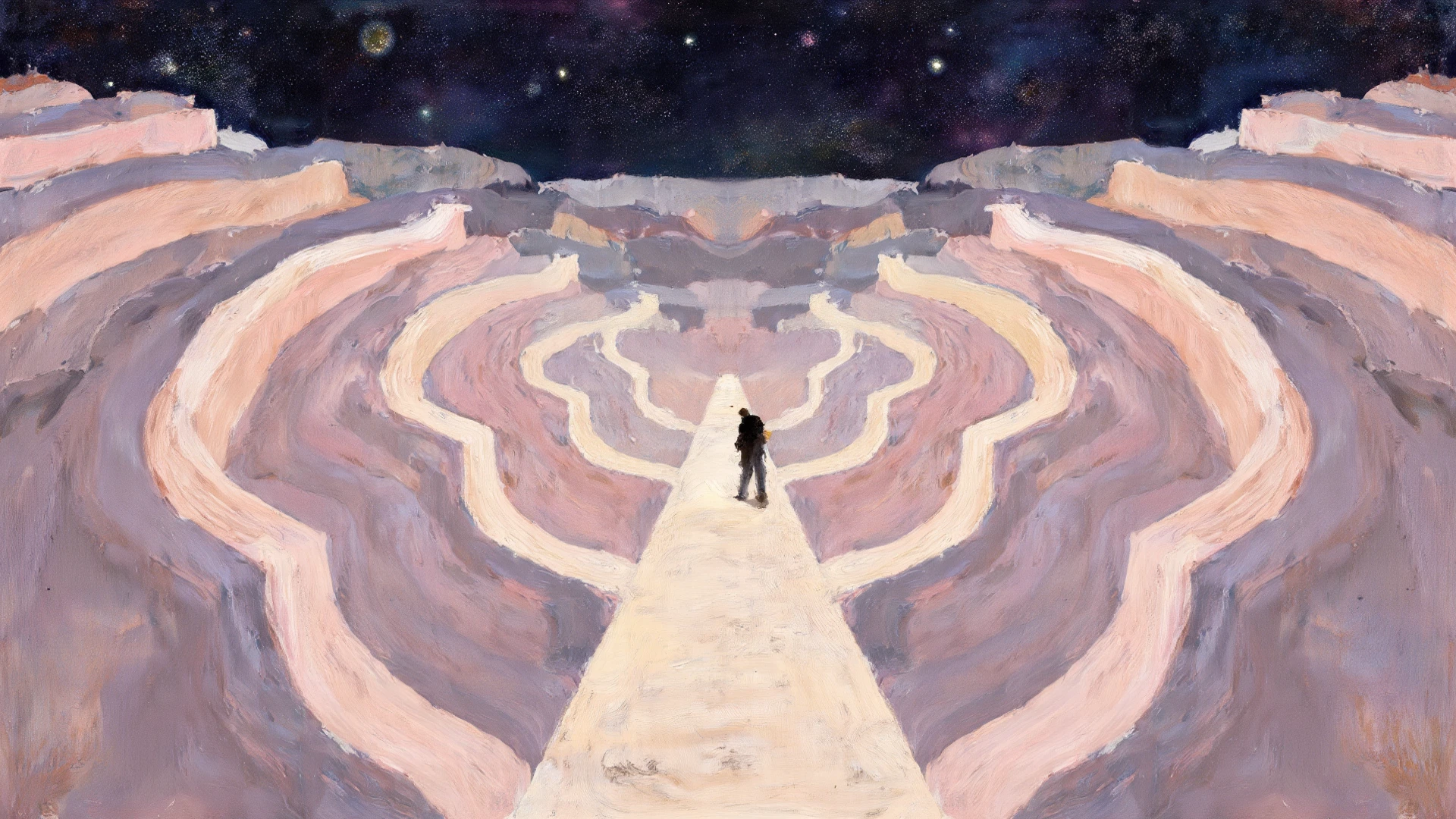 draw the rest of the pink rocky landscape and the dark night sky