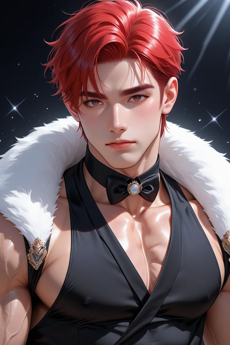 masterpiece, best quality, realistic 8K, one mature male, 26 years old, extremely detailed face, ((red eyes)), ((datk red quiff hair with bang parts 3:7 ratio)), dark red hair color, (( wet hair)), muscular abs ((naked)), Extremely delicate and stern face ((cold look)), ((sharp eyes)), cinematic lighting, modern era, (whole portrait), hotspring background. Muscular, big body, strong, smirked face, smirked, look at viewer,