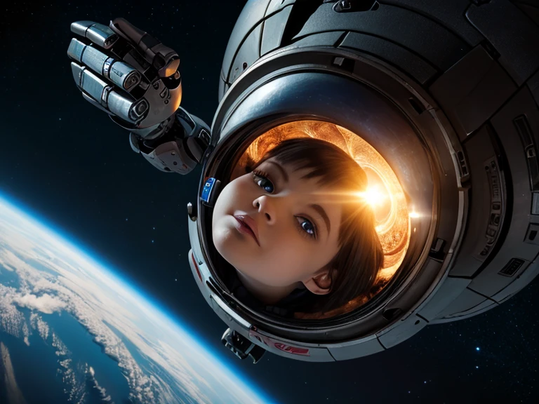 a cute little girl with a round cherubic face, blue eyes, and short wavy light brown hair smiles as she floats in space with stars all around her. she is an astronaut, wearing a space suit. beautiful cartoon painting,abstract world, fantasy,abstract dream, space, intricate, grand scale, alone, cinematic film still, insane detail, sharp focus, depth of field, realistic lighting, (realistic perspective), complex, (multiple subjects), 4k HDR,<lora:add_detail:0.5> <lora:more_details:0.25> <lora:FantasyWorldV1:0.25>