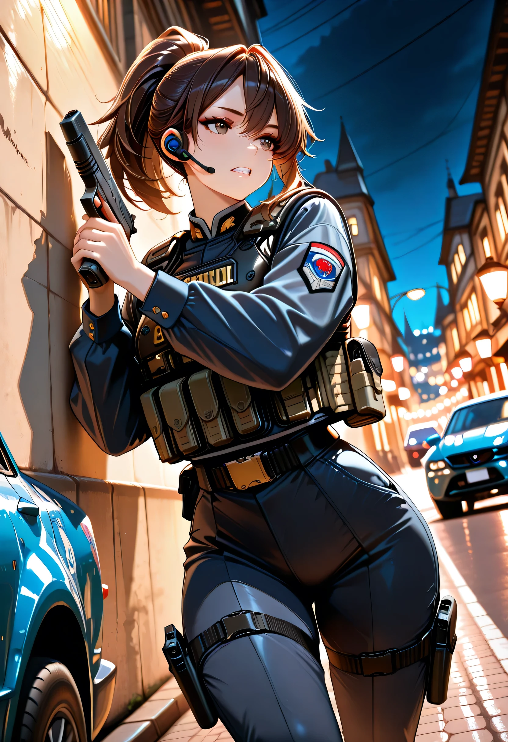 masterpiece, best quality, very aesthetic, absurdres, stylized, newest, depth of field, HDR, high contrast, sharp focus, 8k resolution, cinematic lighting,(lighting:0.2), 1girl, solo, perspective is slightly angled creating a sense of depth, middle-aged, dark brown hair, sideswept bangs, high ponytail, athletic build, scar across jaw, fair skin, dark brown eyes, longsleeve navy GIGN uniform complete with its patches, dark combat pants, holster on left thigh, Kevlar vest with bold writing 'GIGN' ,military watch, earpiece, focused, gritted teeth (taking cover against wall:1.0), gun, glock-17, holding gun and aiming to the side, gunshot, gunfire, ( { France, French, old French buildings, GIGN sirens lights, (red and blue siren:1:2), cars, midnight, night time, black sky, black_lighting, , GIGN agents, crowds}