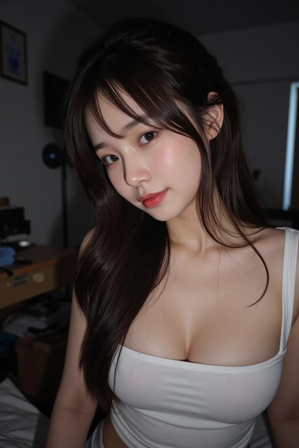 ((top-quality、8k、masterpiece:1.3))、foco nítido:1.2、Perfect Body Beauty:1.4、((dark brown hair、Small breasts:1.2))、(natural soft light、living room:1.1)、Highly detailed facial and skin texture、A detailed eye、二重まぶた、The upper part of the body、Emphasis chest(((dynamicposes)))