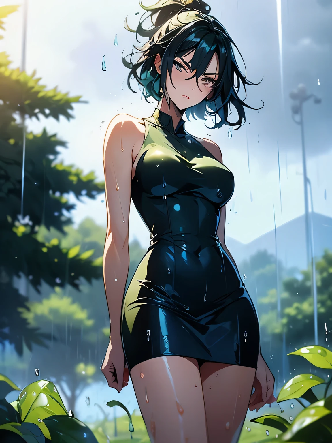 girl, Solitary, Resting posture,((Double tail)), Black Hair, Bangs, Long eyelashes, beautiful eyes, full,(Yellow and black), c lips, Tube Top,Short skirt,Knee socks, Lando Seru Backpack,(Brushstrokes, Impressionism, painting,Rich scenery)、Disheveled,Chest contour、(((Wet clothing))(((Ultra-thin clothing))),((Flesh outline)),Grinning