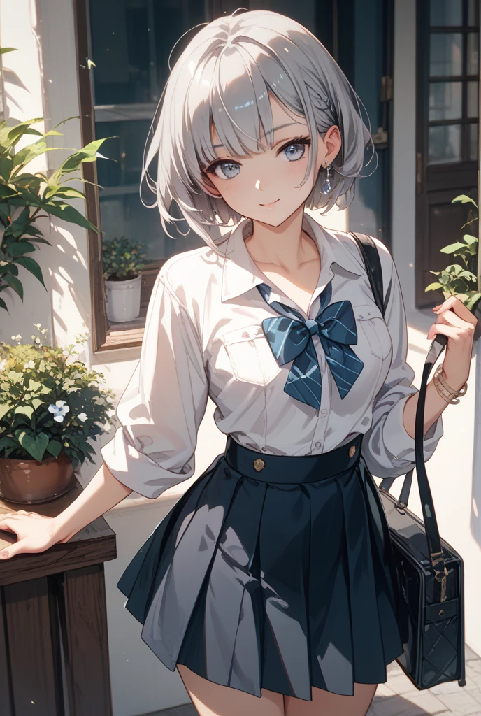 1girl in、A smile、The shirt、Blouse、skirt by the、（small tits）Chilarism、movement、（Gray hair）、Cat's ears、
