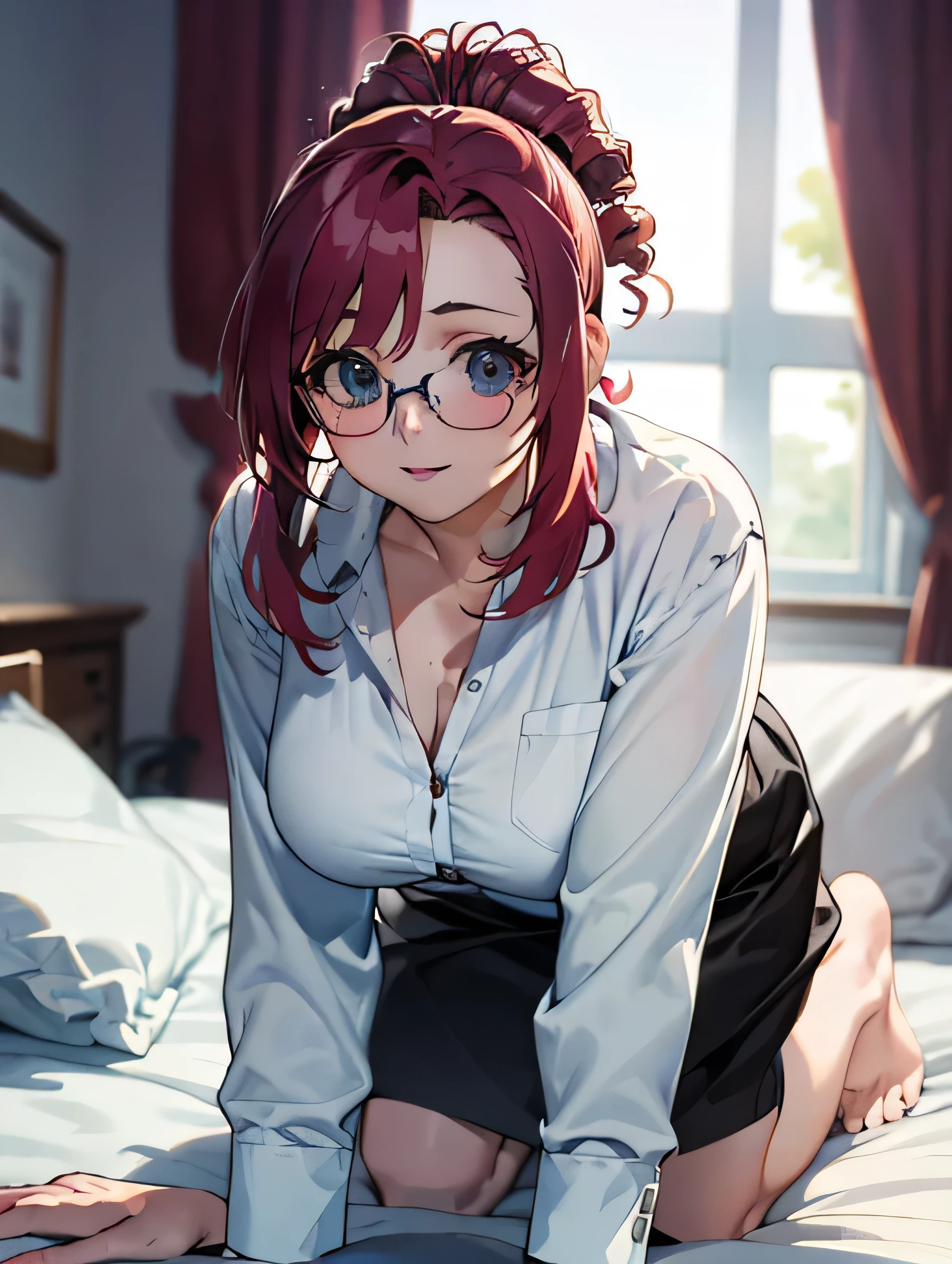 Korean Asian woman wearing glasses,Neckband gaming headphones,sitting on the bed, have glasses, Korean girl, แว่นตาthick, 18 years old., 22 years old, thick, 21 years old, beautiful Asian girl, Asian girl, เด็กสาวและcute, have glasses on, phenomenon, cute, big glass, สาวแมวcuteมาก...,Japanese school uniform,braid,red hair,smooth