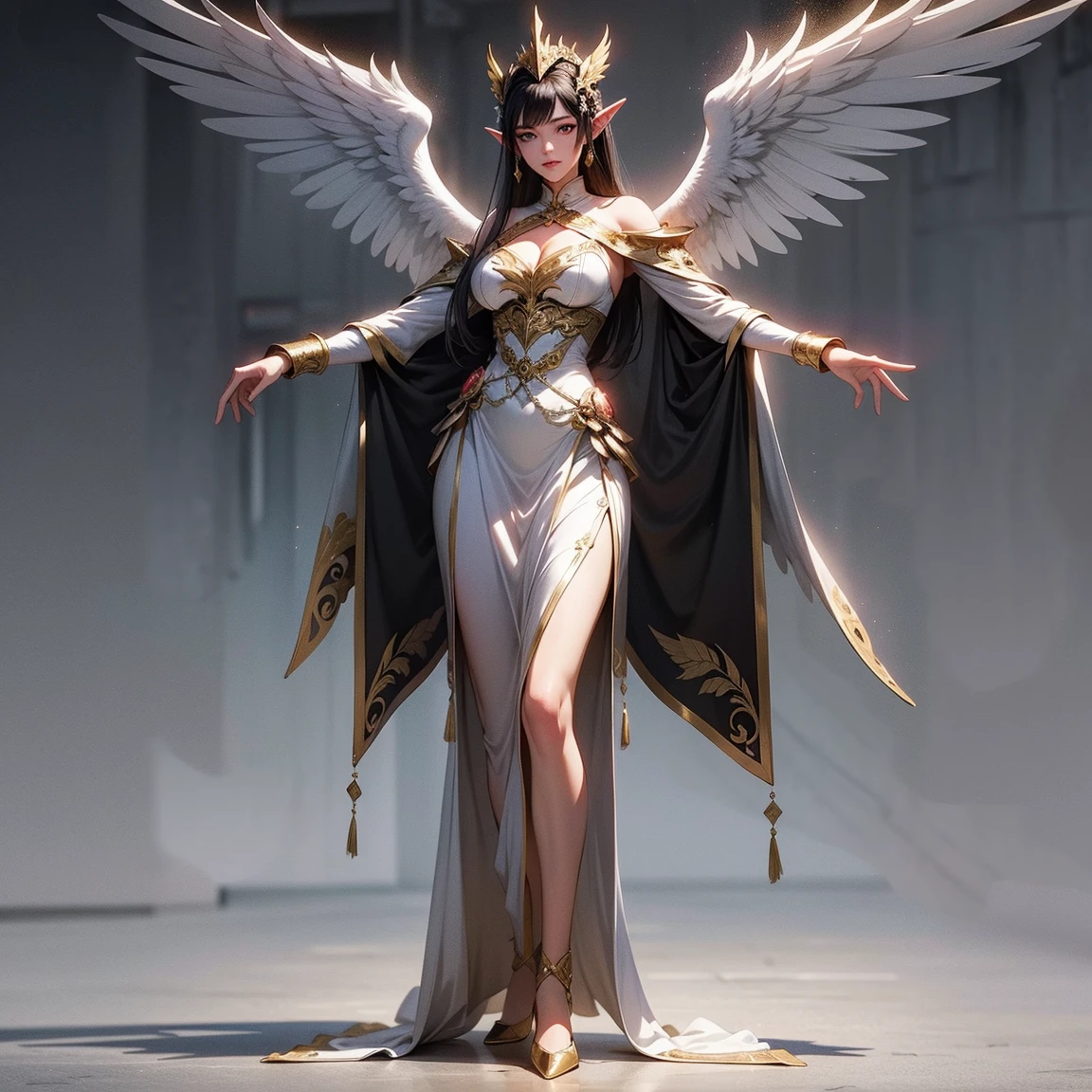 Una mujer con un vestido con alas y una corona en la cabeza, con ardientes alas doradas de llamas, con ardientes alas doradas, full - body majestic angel, aparece como la diosa del fuego, fantasy art behance, Diosa de la ira, beautiful female angel, tall female angel, Diosa del Fuego, beautiful angel, Ganador del concurso CGSOCIETY!!!, Ganador del concurso CGSOCIETY!!