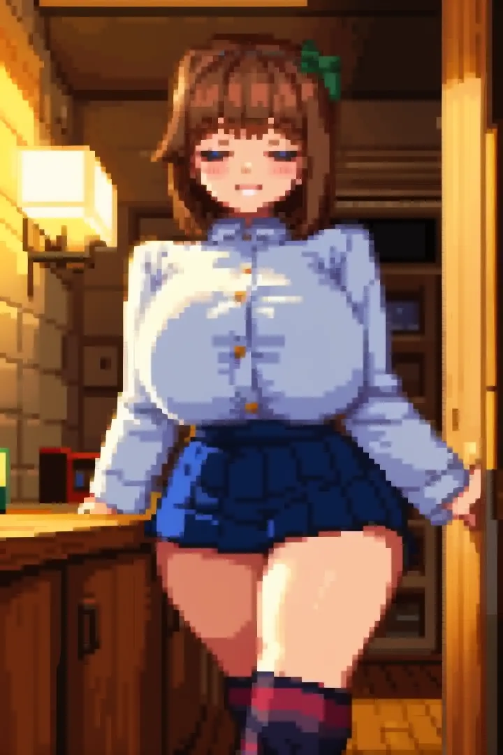 High quality, high resolution, open door, large breasts, 1girl, nsfw, from above, smiling, red hair, black highlights in hair, black stripes in hair, bobcut hairstyle, red lipstick, heart choker, heart eyes, red eyeshadow, wide hips