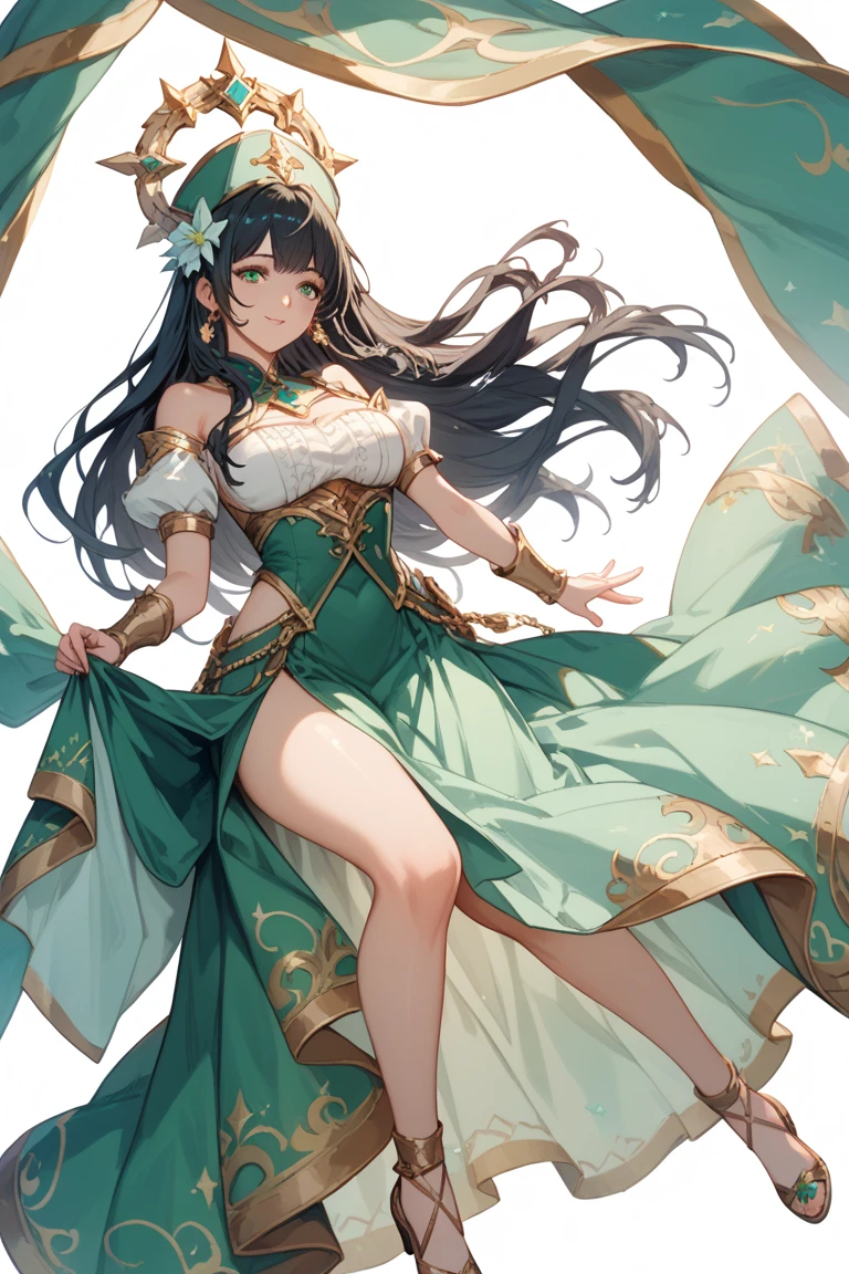 The leaves of trees and plants are folded over and over again, beautifully photosynthesizing, and the guardian goddess, who is the incarnation of flowers, emits mysterious power and emits a happy light.The clothes made of large leaves are divine, and are thin overall. greenish