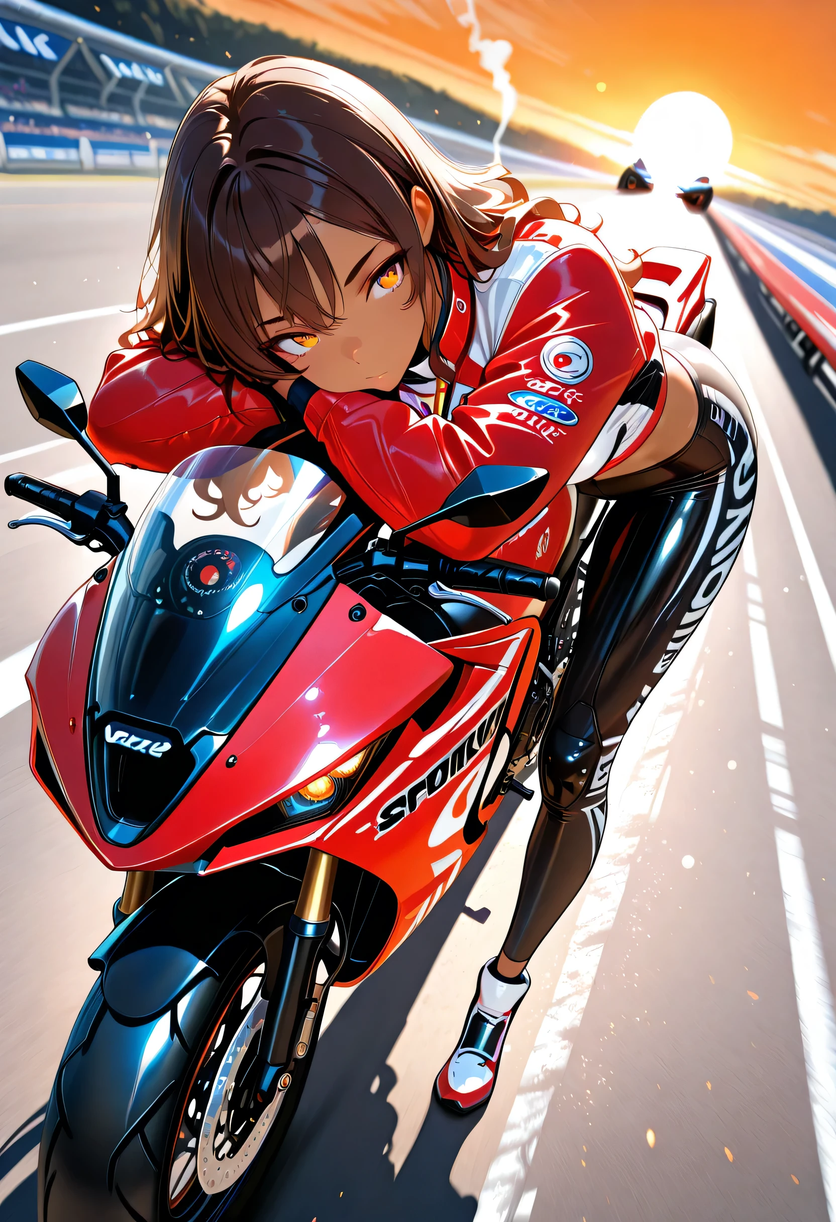 masterpiece, best quality, very aesthetic, absurdres, stylized, newest, depth of field, HDR, high contrast, sharp focus, 8k resolution, vibrant colors, smooth gradients, cinematic lighting, 1girl, solo, perspective is slightly angled creating a sense of depth, dynamic angle, dynamic perspective, dark brown hair, long hair, choppy bangs, (wavy hair:1.4) red streaks of highlights, athletic build, amber eyes, sharp eyes, lightly tanned skin color, (hispanic:1.0), red racing jacket with flame details and sponsor patches, motorsports fashion, ID Lanyard, Leaning, leaning against object, (leaning against motorcycle:1.5), (standing:1.4), sharp gaze, (Big Sports motorcycle:1.4) from above, {motorcycle racetrack, MotoGP racetrack, sports motorcycle, racers, dust element, particles, smoke, roadway, sunset, orange sky, sun, lens flare}