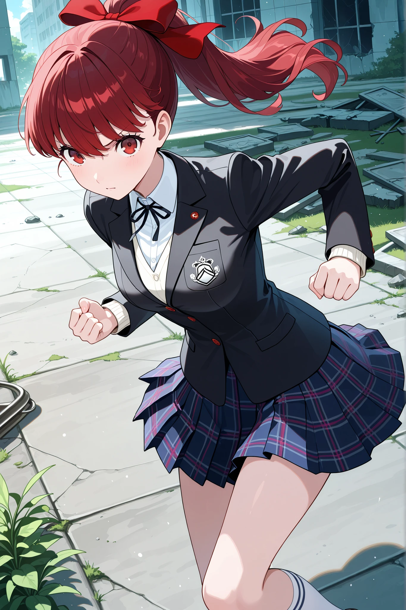 masterpiece,rich colors,movie-like lighting,1girl,throw,Japanese white radishを持つ,dynamic pose,uniform, school uniform, Ruins, medium breasts, red eyes, Red hair, High Ponytail,Red hair bow:1.7,serious expression,Naval School Cardigan,masterpiece, 最High Quality, High Quality, very aesthetic, Very High Resolution, Newest, slender with SMG:1.7,((Grown Beautiful Woman:1.7)),((((low contrast:1.5))),Natural Light:1.6