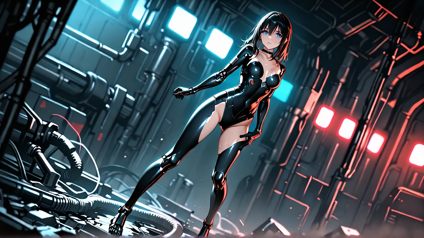A girl with black hair, a short bob, wearing a black sports suit and short shorts, with big breasts and a big butt, wide thighs and legs, and a face with green eyes.