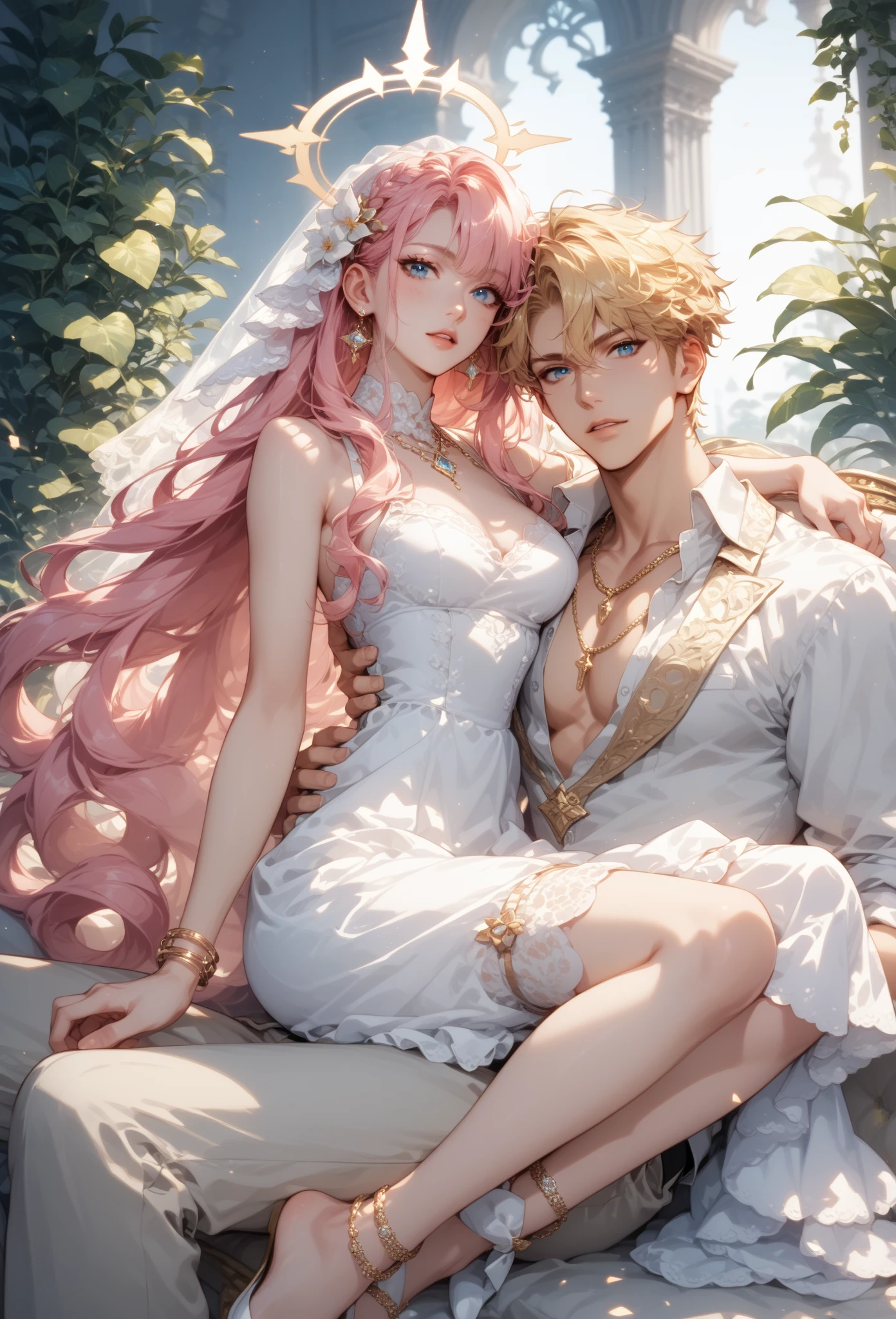 kiss、Couple、lover、Romance、OverFlowing、Full body painting、Exposed breasts、Sheer lace underwear、Remove underwear、Nipples、Nipplesが透ける、ピンクNipples、Pink areola、clitoris、Between strands、Coupleポーズ, Attractive pose, kissing together cutely, Passionate pose, 素敵なCouple, 1 male,(Blonde, Golden Eyes、expensive、190cm、manly、a handsome guy、Beautiful shape、Best Style、Beautiful Prince,Strong Body、Sexy Costumes、expensive、wet gown、Open chest、Flowing)、1 female(Pink Hair,Straight Long Hair、Pink Eyes、Cute big eyes,優しいLaughter、Decorate your hair with flowers、、huge tit、Best Style、Perfect Style、rise)、Put your arms around her waist、hug、Grab the waist、araffe woman in a white lingerie posing for a picture, lingeries beauty, wearing sexy lingerie, , Translucent dress, Translucent body, iridescent shiny sheer lingerie, Sexy Dress, wavy lingeries, Smooth, transparent white skin, lingerie, Beautiful and sexy woman photos, Sexy Style, Lovely lady, Transparent dress, V-neck open clothes, Young and elegant、erupt、Splash、spring, In the park on a sunny day, Bright sunny day、Bright sunny summer day,blue sky、Shine、about、Shine湖、Shimizu、Bright sunShine、Colorful flowers、Surrounded by flowers、intensive contact、Laughter、smile、Kind eyes