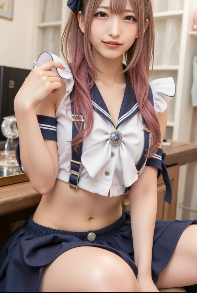 (masterpiece)、Detailed、(cute)、((A white micro bikini with very little fabric))、School classroom、smile、Side ponytail hair、belly button、shoulder、slim、Knee-high socks、Big ribbon、White underwear、Colorful hair colors、((Flat chest))、No straps、topless