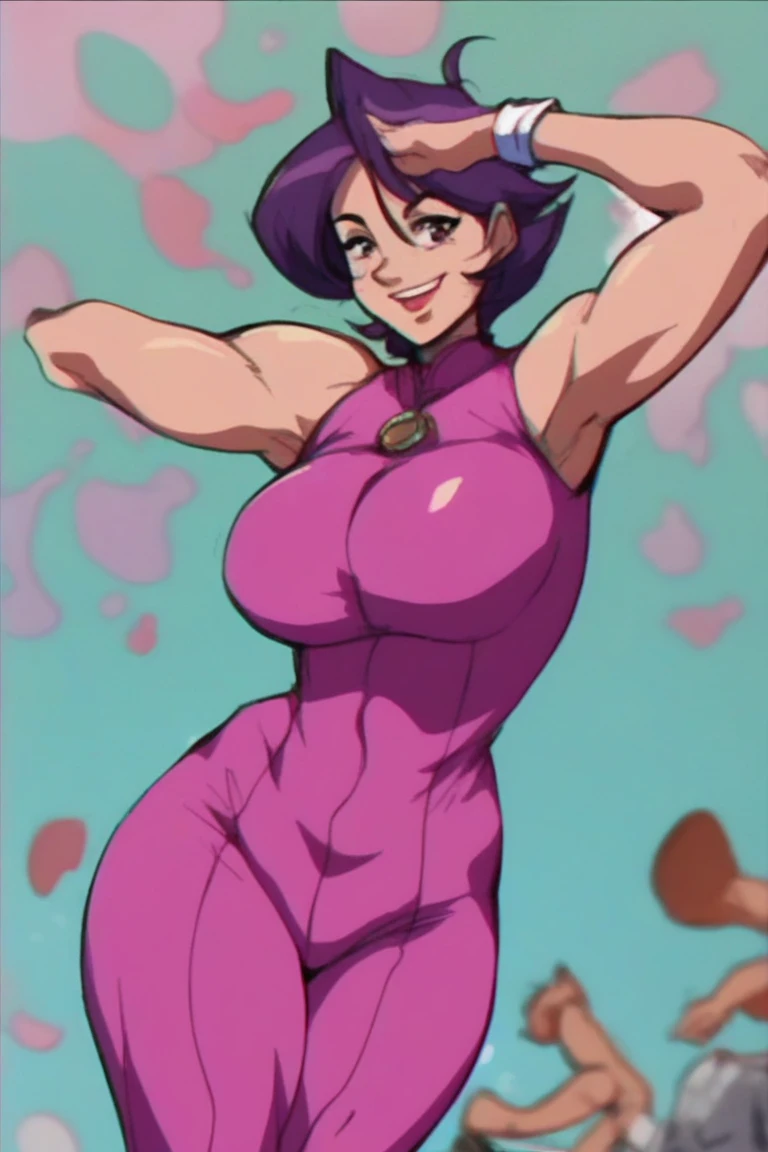 forest,videl,1 girl,Alone,((bright purple tight suit,:1.5)),barefoot,big breasts,smile,blush,Research room,bare hands,Highest image quality,highest quality,Standing,((1 girl:1.4)),open your mouth wide,classroom,butt,back,back view,