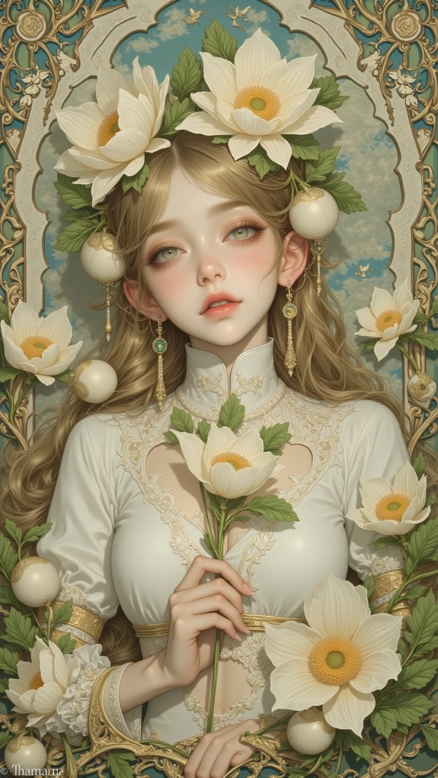 (((Masterpiece))),((top quality)),one beautiful girl,Pale, (A character who personifies a rose: 1.5), (A rose flower on my head:1.5)、(big breasts:1.5)、(belly button)、(green leaf clothes:1.5)),(plain clothes), (skin revealing),(The background is a flower garden:1.5).(((from the front:1.5)))、(straight front: 1.5)、(Thorny rose stems wrap around the body:1.5)、smile:1.5)