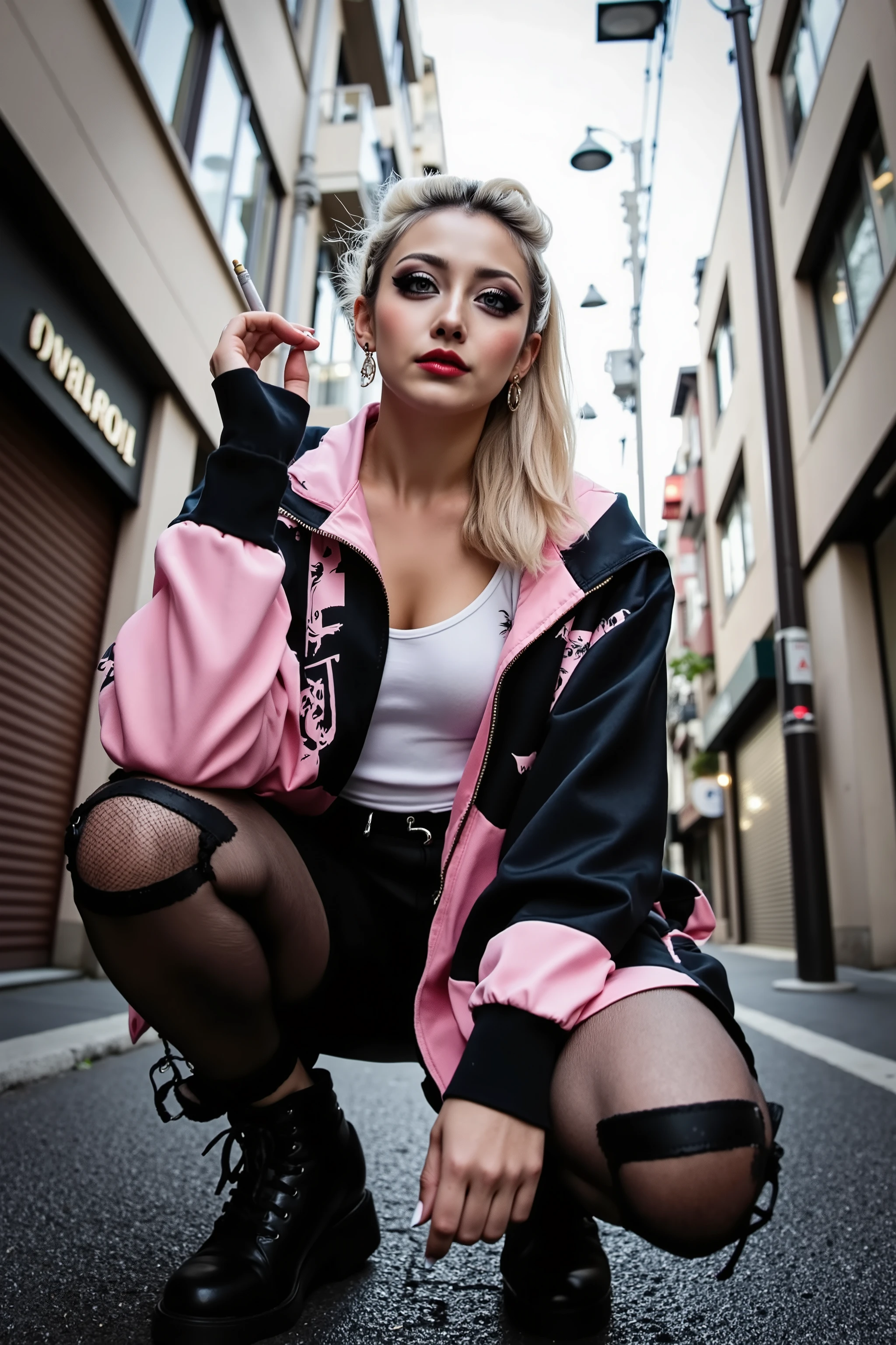 ultra-low angle shot from close to the ground,fashion portrait,street snapshot,artist photoshoot,1 girl,((Slav squat)),look down,angry,((smoking)),(long pompadour hairstyle,blonde hair),wearing black and pink jaket,open jaket,white tank top under the jacket,bare shoulder,casual street fashion,tatoo,glamour and sensuality,dynamic angle,in tokyo street,2000's tokyo,Extremely realistic skin details,sukajan,