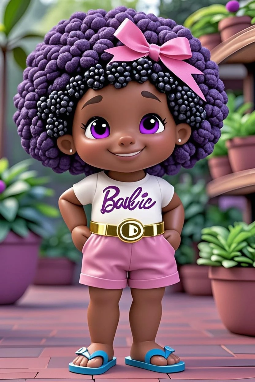 A , dark-skinned, with purple jacket, with purple pants, with pink skirt, with cotton candy afro hair
