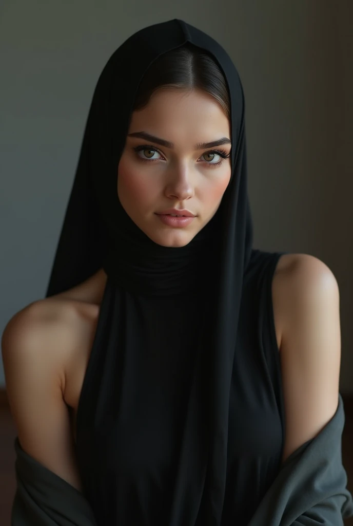 Transfer women in Abaya  with seducing expression her beautiful gorgeous brunette body arousing 