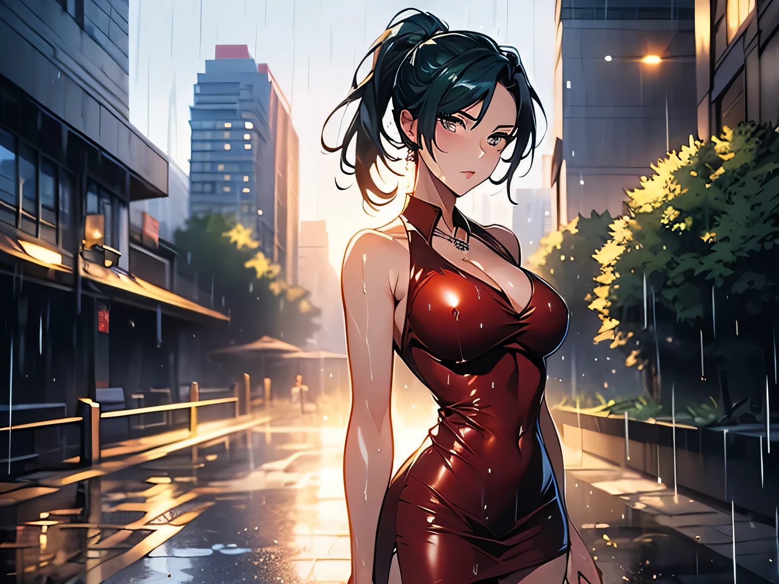 photorealistic, (4k), depth of field, (Masterpiece), (realistic skin texture), extremely detailed, intricate, hyper detailed, professional photography, bokeh, high resolution, sharp detail, best quality, 1girl, beautiful ,zenin_maki,glasses, ponytail, bangs,green hair,brown eyes, volumetric lighting, best quality, masterpiece, intricate details, tonemapping, sharp focus, hyper detailed, ballroom, beautiful dress, big breasts, sparkle dress, fancy red dress, red dress, red glitter dress, one piece dress, ballroom event, ballroom dress, sleeveless, hip slit, bare shoulders, sparkly red dress