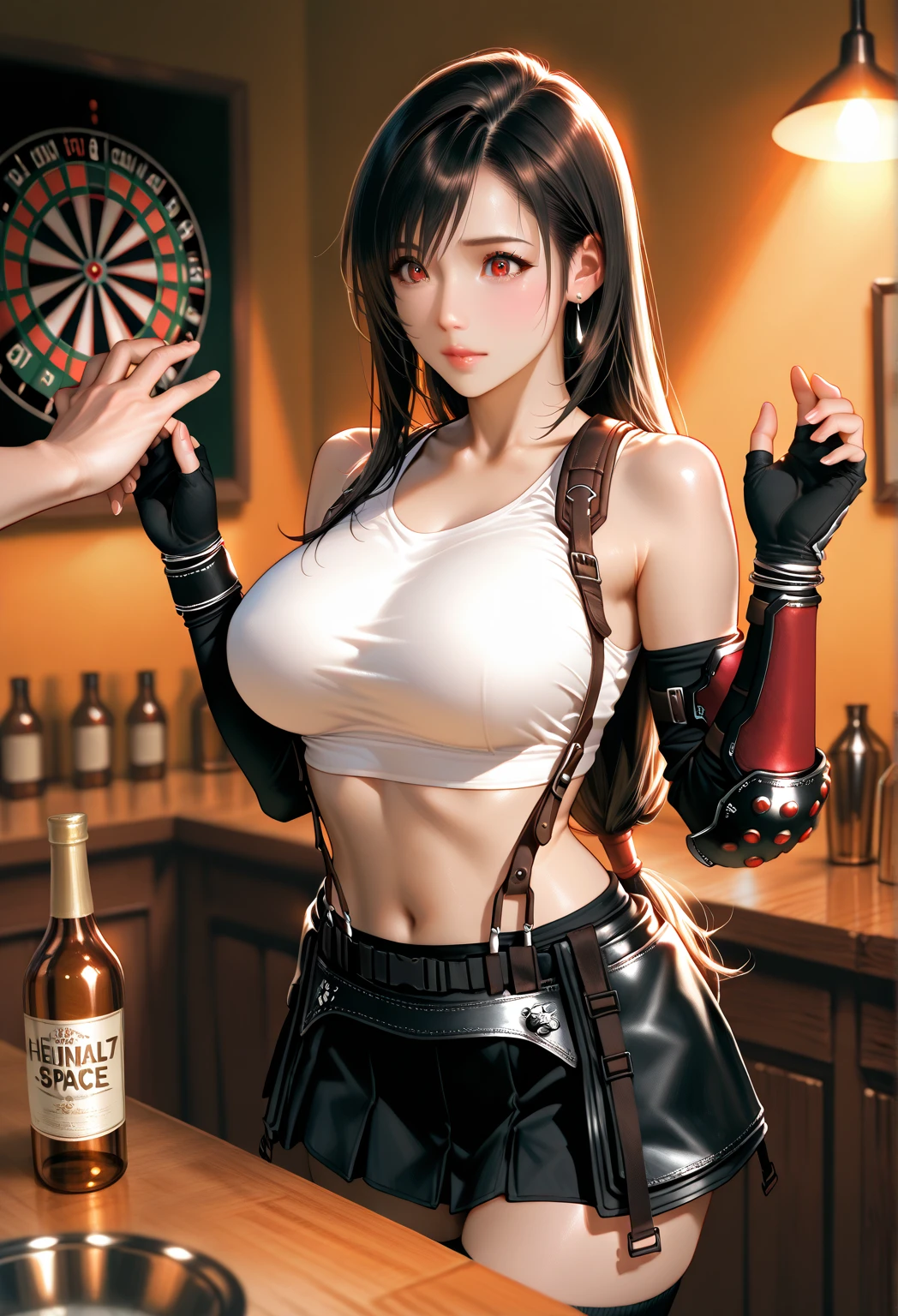 nsfw, (((shirt lift:1.5, showing nipples))), (top quality, masterpiece), (((FF7,Tifa_lockhart))), rocket tits, (((suspender, tank tops, A dark-haired, length hair, elbowgloves))), ((Beautiful detailed red eyes)), (Beautiful highlights of red eyes)), Facial light, navel, High exposure, (((tight mini-skirt))), Exposure of the abdomen. ribs, abs, nsfw, shirt lift:1.5, (showing nipples), (solo), (bar counter), (back bar), (Bottles of liquor all over the wall:1.5), wall shelf, Ultra-detailed face, (((FF7,Tifa_lockhart))), (black brown hair, big breast: 1.8),nsfw, (showing nipples), about 18 years old,kawaii, (seductive smile:1.3), nsfw, shirt lift:1.5, (showing nipples)