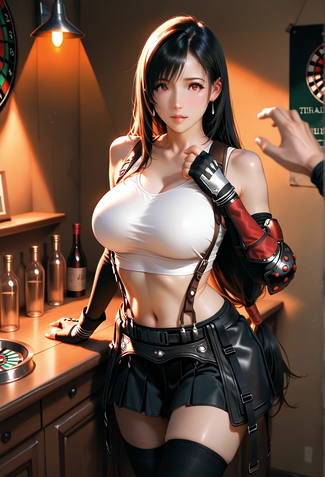 (8k, best quality, masterpiece:1.2), (realistic, photo-realistic:1.37), ultra-detailed, 1 girl,cute, solo, (tifa lockhart), ((huge breasts:1.6),(beautiful detailed eyes), (smile:1.4), winking (closed mouth), erotic pose, outside an industrial factory, depth of field, dark intense shadows, sharp focus, depth of field, good composition, Final Fantasy VII, (white tank top:1.3), (black leather mini skirt:1.3) (red gloves and boots) (full body:1.5), head rest, lips, pretty face, ((red eyes:1.3)), (night:1.2), intricate, bokeh, (Tetsuya Nomura style), nsfw, perfect breasts, view from below