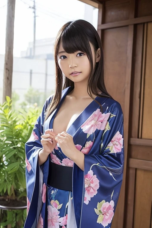 (8k、RAW Photos、Highest quality、masterpiece:1.2)、((smile、Skinny body、bangs、naked、kimono、Very flat chest、Nipples:1.3))、(Realistic、Realistic)、1 girl、(Old Japanese-style room、On the bed、Sleeping facing up、pubic hair、night))、cute