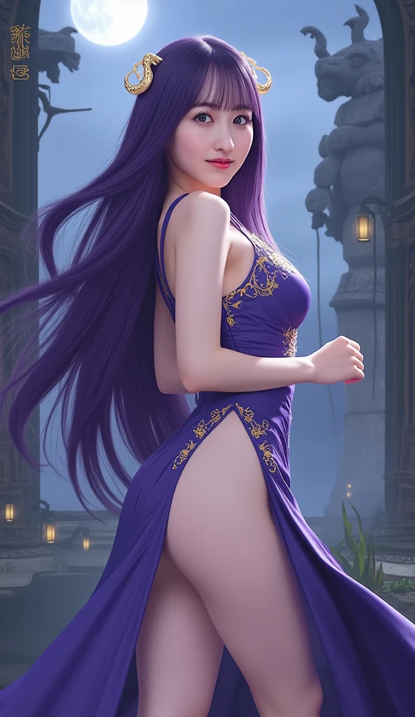 a very beautiful, attractive, slender woman, long wavy black hair, dark greenish brown eyes, wearing a short dark purple dress with a wide strapless neckline, black angel wings with pointed details, short horns,