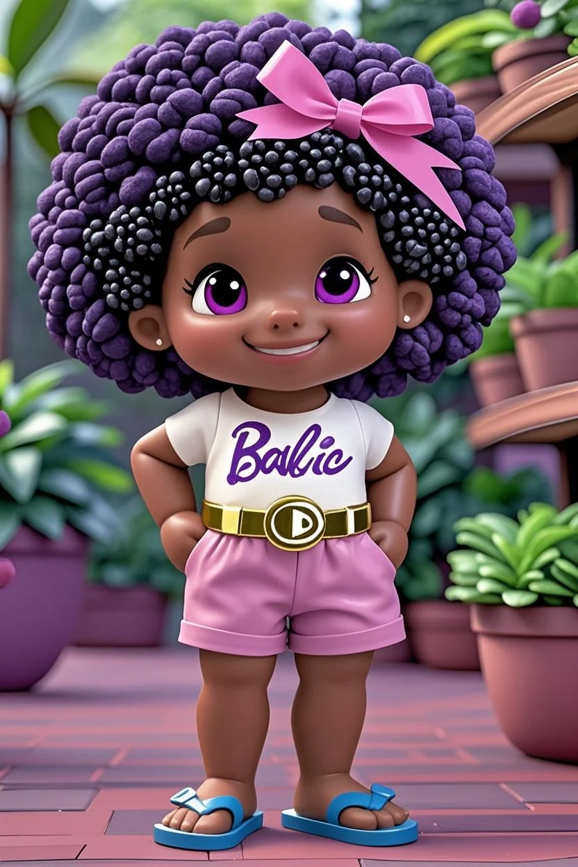 A , dark-skinned, with purple jacket, with purple pants, with pink skirt, with cotton candy afro hair