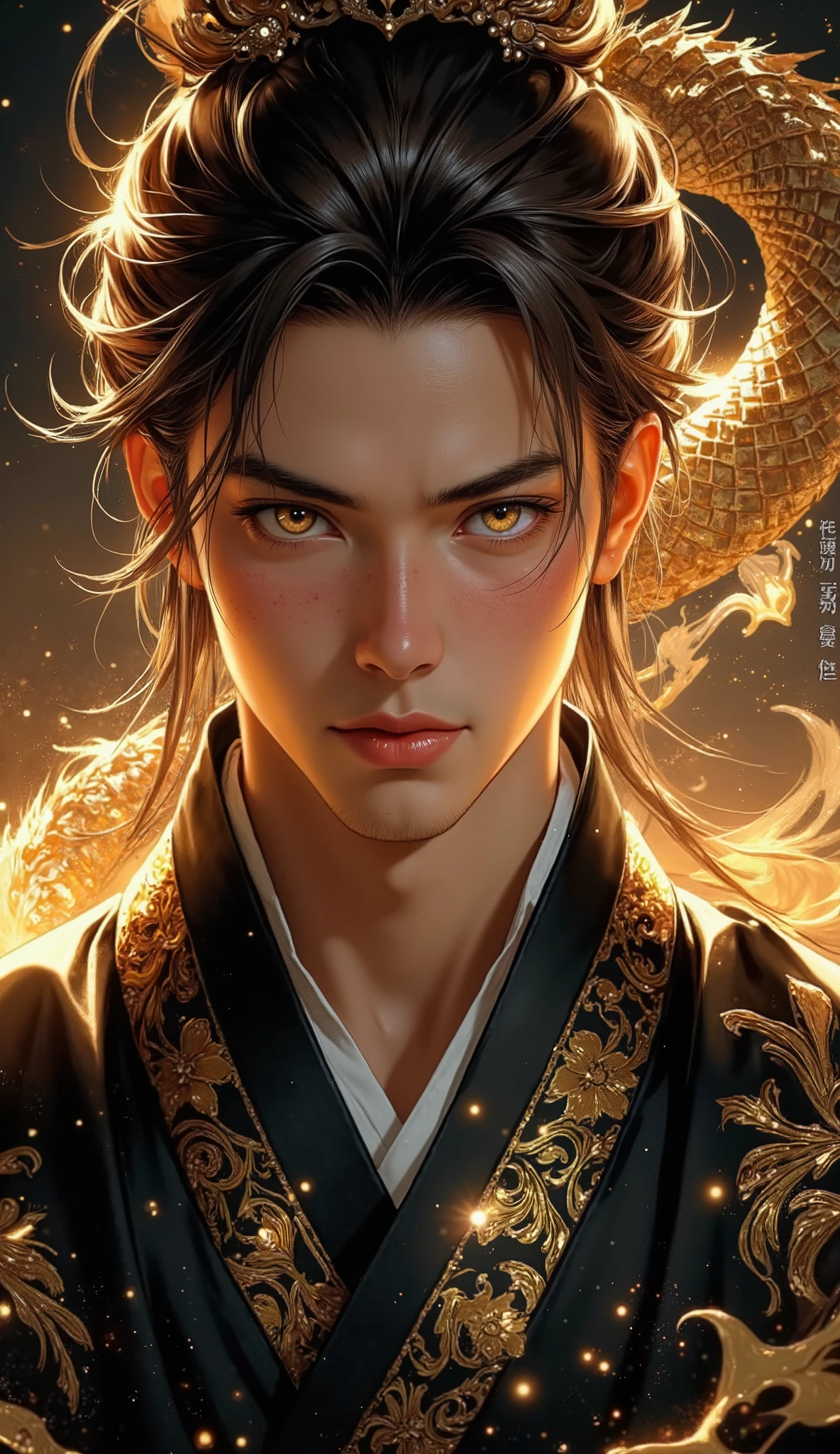 ((Top Quality, 8K, Masterpiece: 1.3)), Sharp Focus: 1.2, (Mature male, handsome, One Bangs Cover Right Eyes, Tied-Back hair, Medium hair, jfcut, Gold Prismatic Eyes, Flawless Eyes, ((Amber Hair)), freckles ,male focus, handsome man, thickly painted, semi-realistic art, semi-realistic art style, dragon Caligraphy Hanfu-Robe,