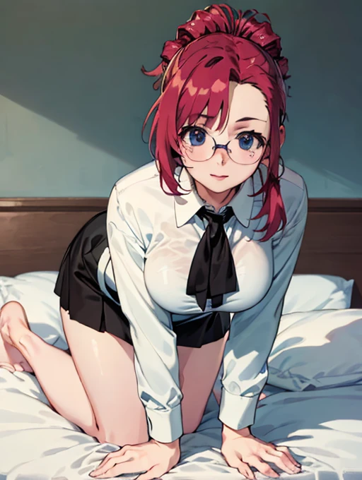 masutepiece , 1girl in ,   Background  , Orange hair , hair between eye , sleepy eye , sleepy  , bobhair , Choker , eye glasses、See-through shirt , An unbuttoned shirt doesn&#39;t interfere with your breasts, Open jacket , hair messy , medium breasts⁩ , Big、Boob cleavage emphasis、the skirt is extremely short、Touching、put out the tongue、Facing backwards、Prone、lyin in bed、stick out buttocks、facing back、Buttocks in front、Get on your knees、Vibrator