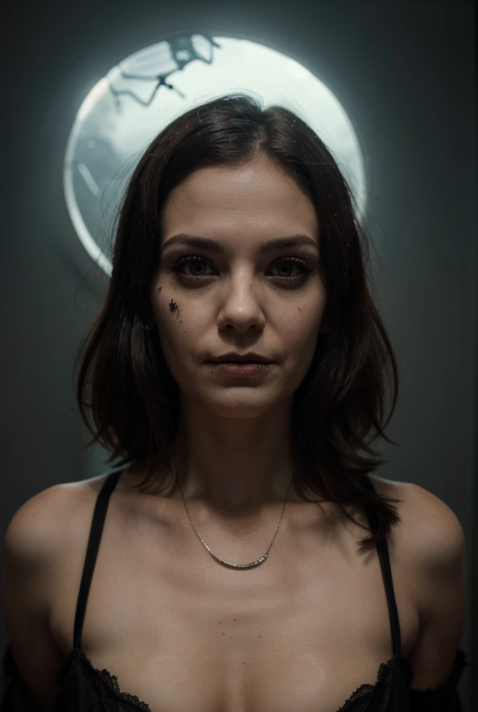 (((ultra realista))) foto, Obra maestra, calidad superior, pale skin, (Cara y ojos ultra detallados.:1.2), 1 chica, gloomy atmosphere, fondo oscuro, (maquillaje de ojo, ((pelo ondulado oscuro)), ((peinado con estilo)), pechos naturales, [[cintura delgada, cuerpo delgado]] . ((posando)), (curvas del cuerpo), En Lifchik, Photoshoot, studio (Contour lighting), (El juego de luces y sombras), profundidad de campo, (Special attention to leather details.: 1.2), textura de cuero detallada, poros de la piel, ((Dark and gloomy atmosphere frame. color combination - black, gris, pale, Toneladas)), (film grain, efecto vhs), (Brillar), ((rayos)), ((retrato de primer plano, close to the camera)), ultra detialed, bokeh, fisheye, from below, atmospheric perspective, panorama, perspective