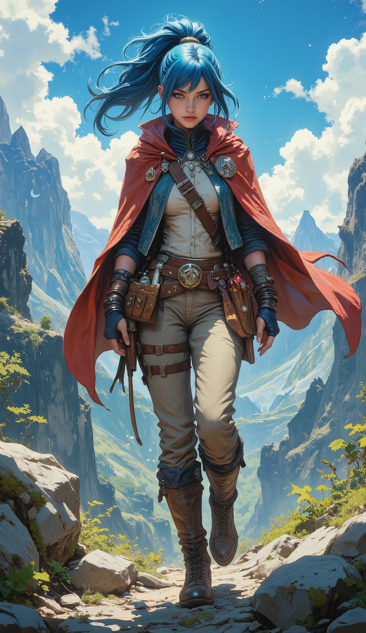(masterpiece, best quality, 8k, ultra-detailed, professional illustration), a vibrant and exquisitely detailed character art of a young female adventurer, captured mid-exploration. She gazes with wide-eyed wonder, her face illuminated by an infectious, radiant smile, full of life and curiosity. Cascading indigo hair, shimmering with subtle cosmic hues, is gathered into a high, energetic ponytail, adorned with a delicate, silver crescent moon clasp. Her attire is a masterpiece of fantasy design: a stylish adventurer's jacket with a short, dynamic hem in a deep cerulean blue; a crimson cape, tattered at the edges, billows majestically in the wind behind her. She wears practical cloth gloves, durable, coarse-woven trousers perfect for rough terrain, and sturdy, weathered knee-high leather boots. A functional leather utility belt, laden with mysterious pouches, glistening potion vials, and a small, sheathed dagger, is slung around her waist. The setting is a sprawling, untamed wilderness of jagged, sun-drenched peaks and ancient, moss-covered stones, under a brilliant azure sky with fluffy, stylized clouds. The entire scene is rendered in the iconic, legendary, and highly dynamic art style of Akira Toriyama, emphasizing bold, clean lines, expressive, energetic poses, and a vibrant, cel-shaded aesthetic. (cinematic lighting, volumetric light, dramatic long shadows, rich and saturated colors), perfect anatomy, (flawless hands with five fingers:1.2), beautiful and mature character design, intricate details, flawless composition.