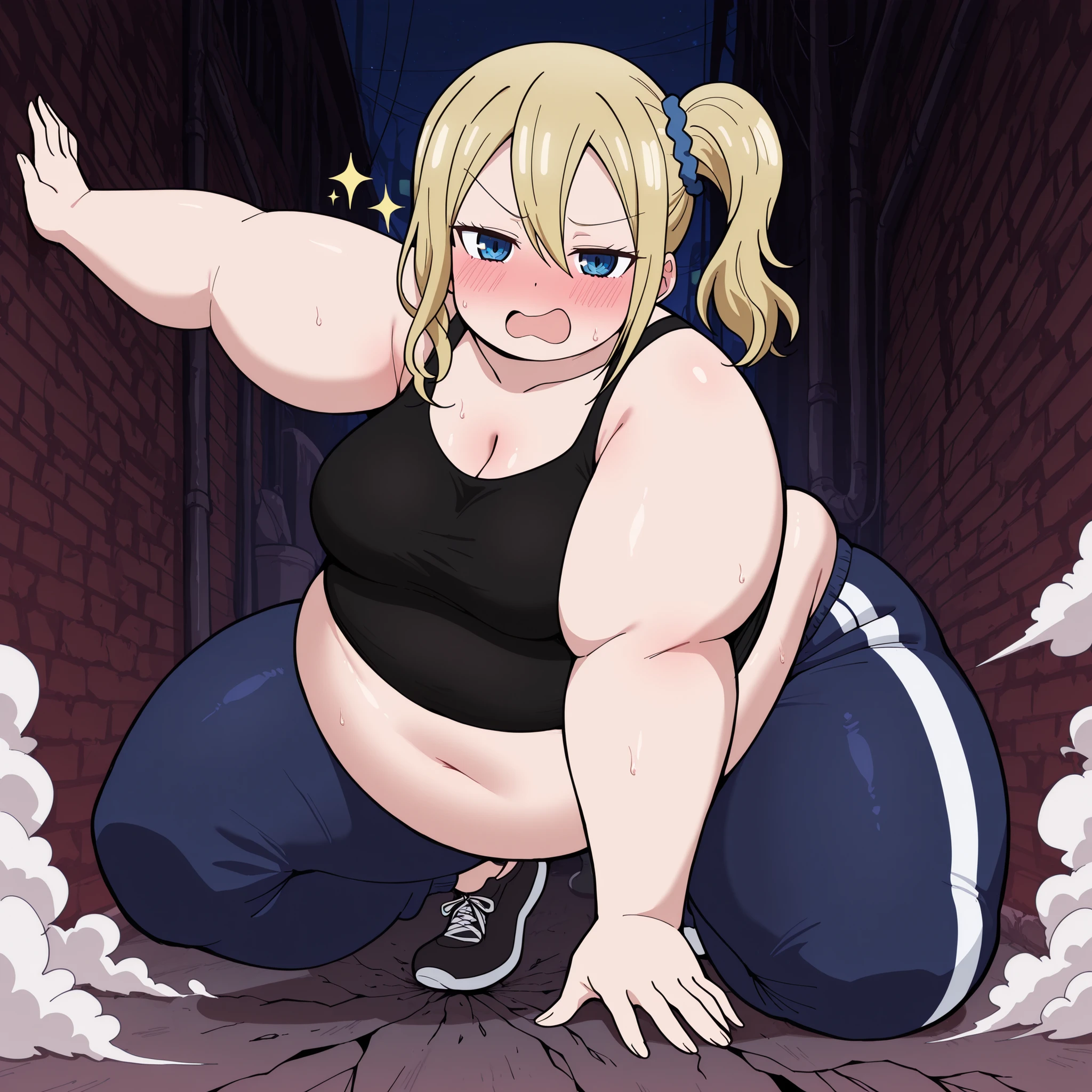 high resolution picture, masterpiece, best quality, amazing quality, solo, 1girl, Hayasaka Ai \(Kaguya sama\), ,blond hair, blue eyes, , , medium breasts ,source anime,
BREAK (curvy), cracked floor, dust cloud superhero landing,, head down one arm outstretched, one arm up, , tank top, black shirt, sweatpants, dark blue sweatpants, u.a. gym pants, black tank topt, , alley, night, , , embarrassed fat, chubby, obese, gigantic arms and legs, large breasts open mouth, out of breath, sparkle, looking at viewer, , pov belly, smug,