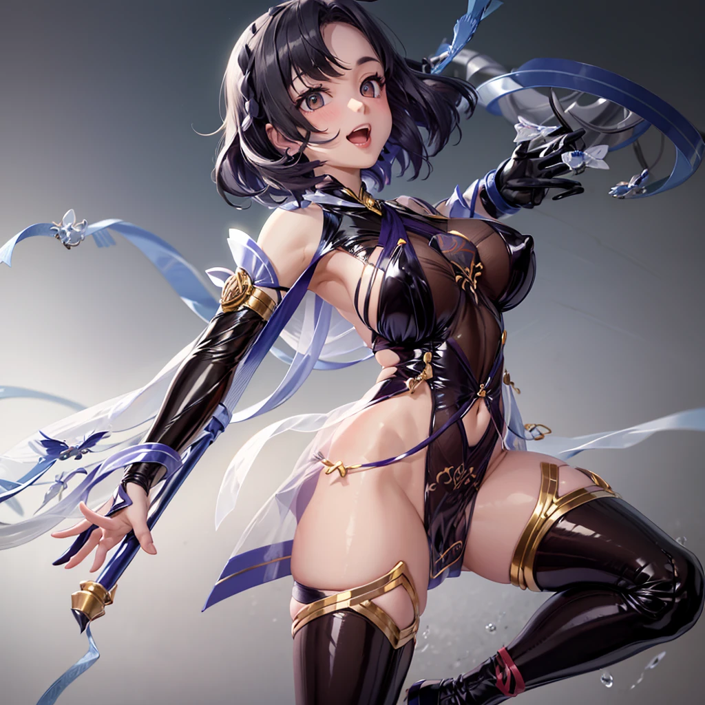 Genshin Raiden General stroked his chest with one hand,The other hand caresses the uterus,wide open thighs,Wet clothes,Clothing sheer,tongue stickout,There is a white liquid in the mouth,There is fluid on the body