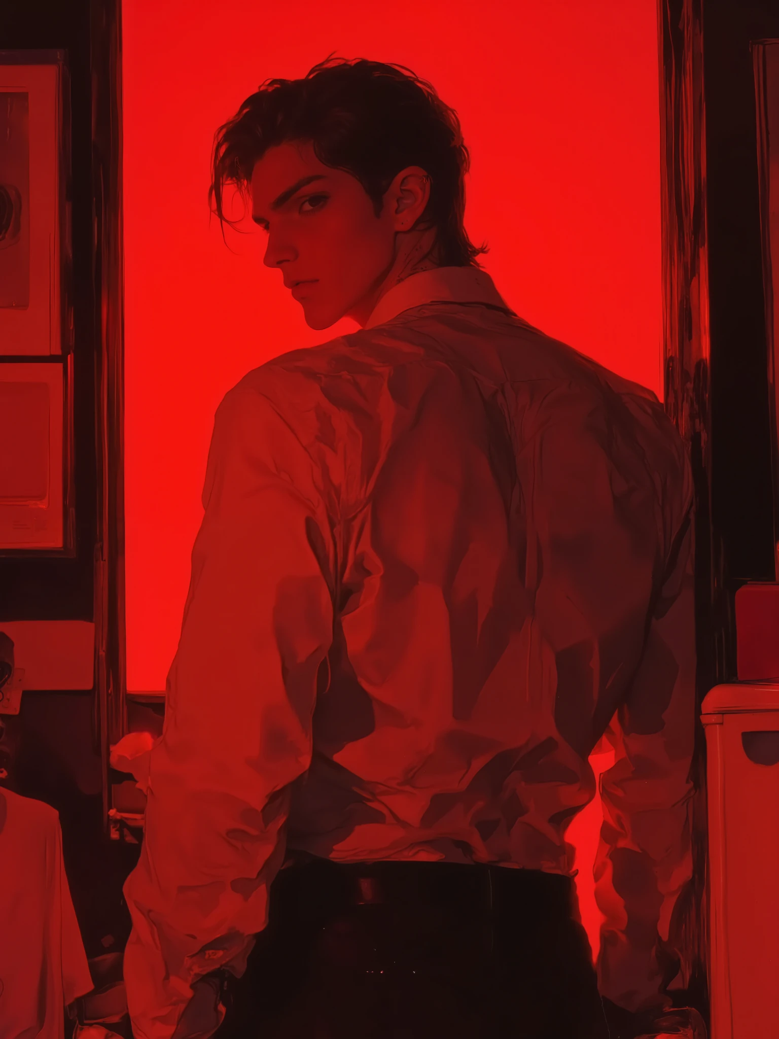 masterpiece, best quality, ultra high resolution, 4K, 8K, HDR, cinematic lighting, dramatic shadows, high contrast
muscular adult male character with broad shoulders and strong back, turned slightly away from camera, head turned back with intense eye contact, confident and seductive expression, muscular, abs, toned body, handsome, nice face
wearing a well-fitted, crisp white dress shirt with structured cotton fabric, neatly tucked and partially open at the collar, shirt hugging the torso to outline muscular shape without exposing skin, sleeves slightly rolled up for a relaxed touch
sharp jawline, styled slicked-back hair, clear and unmarked back covered by the shirt, subtle back definition showing through the fabric, clean and elegant styling
rich warm red and orange lighting, glowing background, ambient light casting controlled shadows, rim lighting highlighting the silhouette of the figure, moody and intimate tone
black suit trousers with sharp creases, fine fabric texture, realistic shading, detailed anatomy beneath clothing, deep contrast between outfit and glowing background
no tattoo, clear skin, no tears, no falling or loose clothing, intact and pressed shirt, solo male only, no crowd, cinematic angle