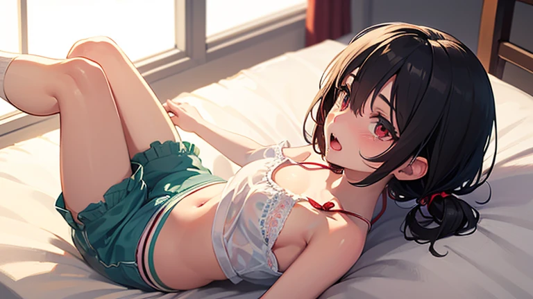 ((solo))、((highest quality)), ((masterpiece)), ((Perfect Face))、((the skirt is rolled up))、((Showing panties))、((Revealing underwear))、brown hair、bob hair、orgasm、Flushed face、Sweaty all over、Ahegao、Maid clothes、Lying in bed、Close both eyes、Spread your legs