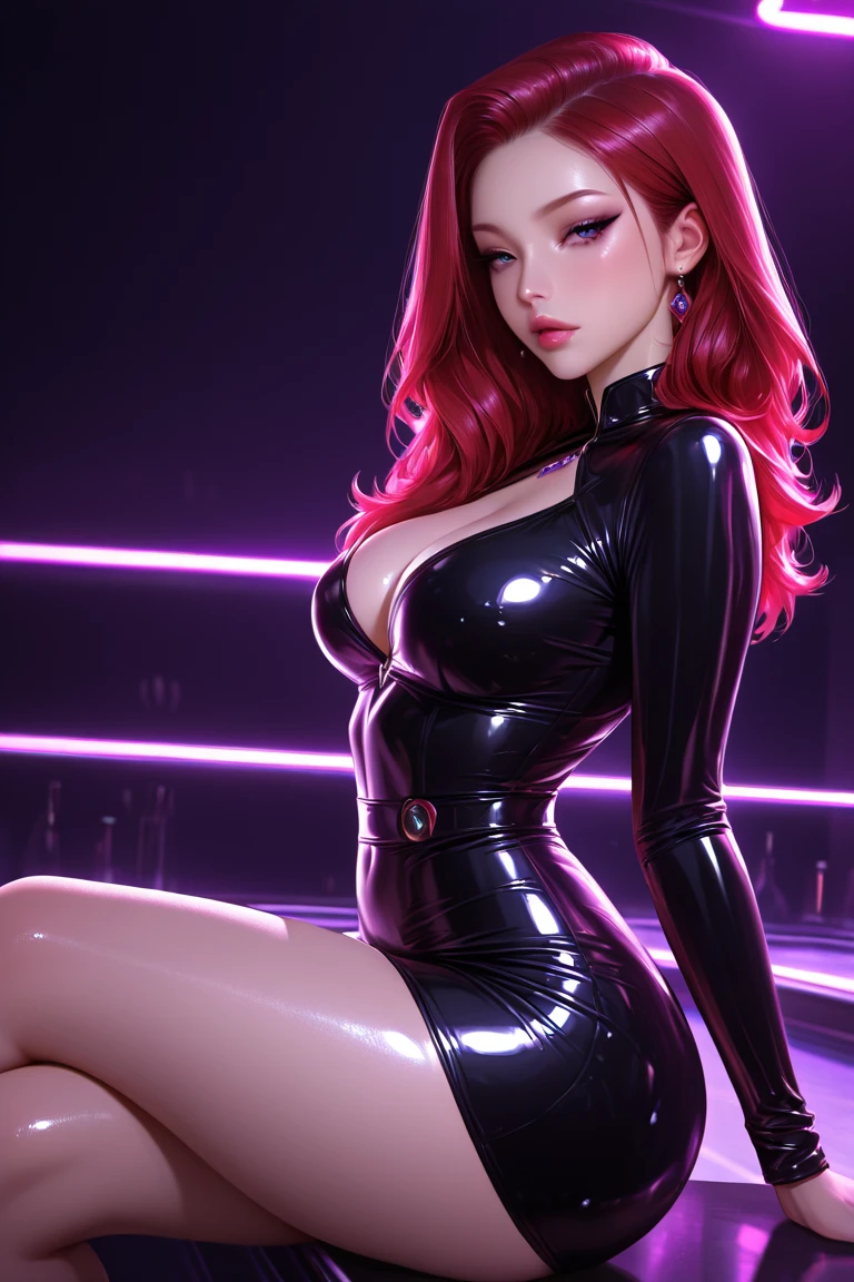 (black hair,colorful fluorescence multicolored  hair:1.5,wavy hair:1.5), (masterpiece, sidelights, exquisite beautiful eyes: 1.5), masterpiece*portrait, realistic, ((Colorful background of different colors:1.5)),(Gentle face:1.5),colorful,3D face,(cute face),front view: 1.6、 (glowing red eyes:1.2),(tareme:1.5)、(cute smile:1.5),,Slim Body, shiny hair, shiny skin: 1.5、medium breasts,、solo,(stand)、(side slit:1.5)、(charactor focus:1.5、portlate、eye focus,cowboy shot)、bright atmosphere,intricatedetails